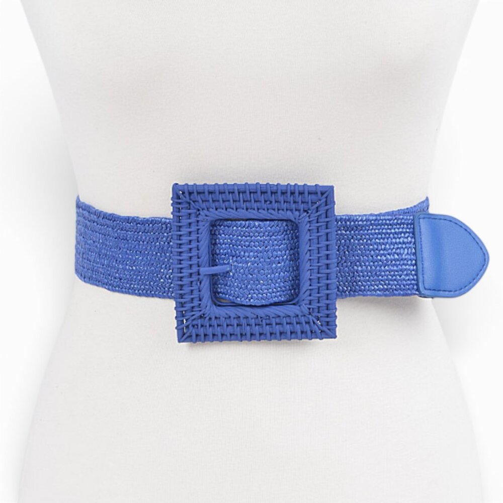BNWT Brand New Raffia Square Buckle Faux Straw Elastic Fashion Belt - BLUE